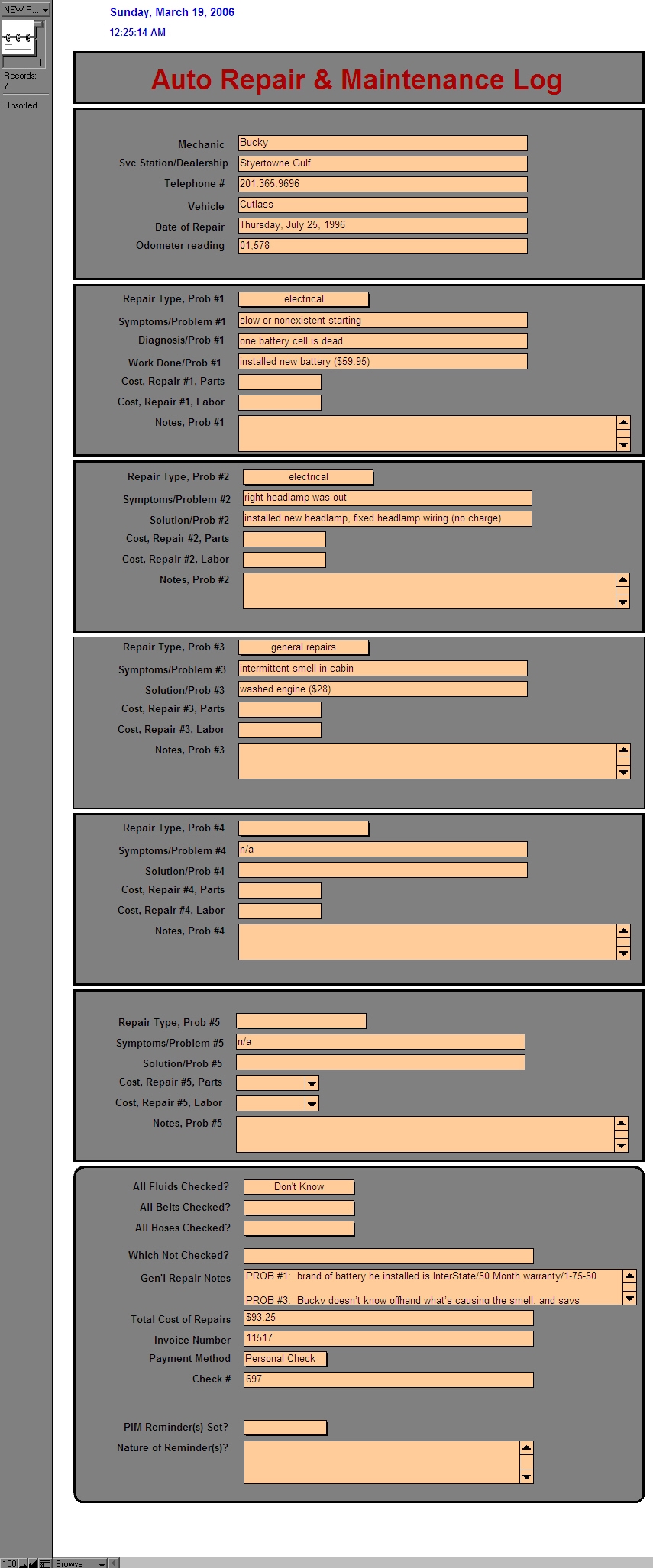 Screen capture of the database for auto repair I created.