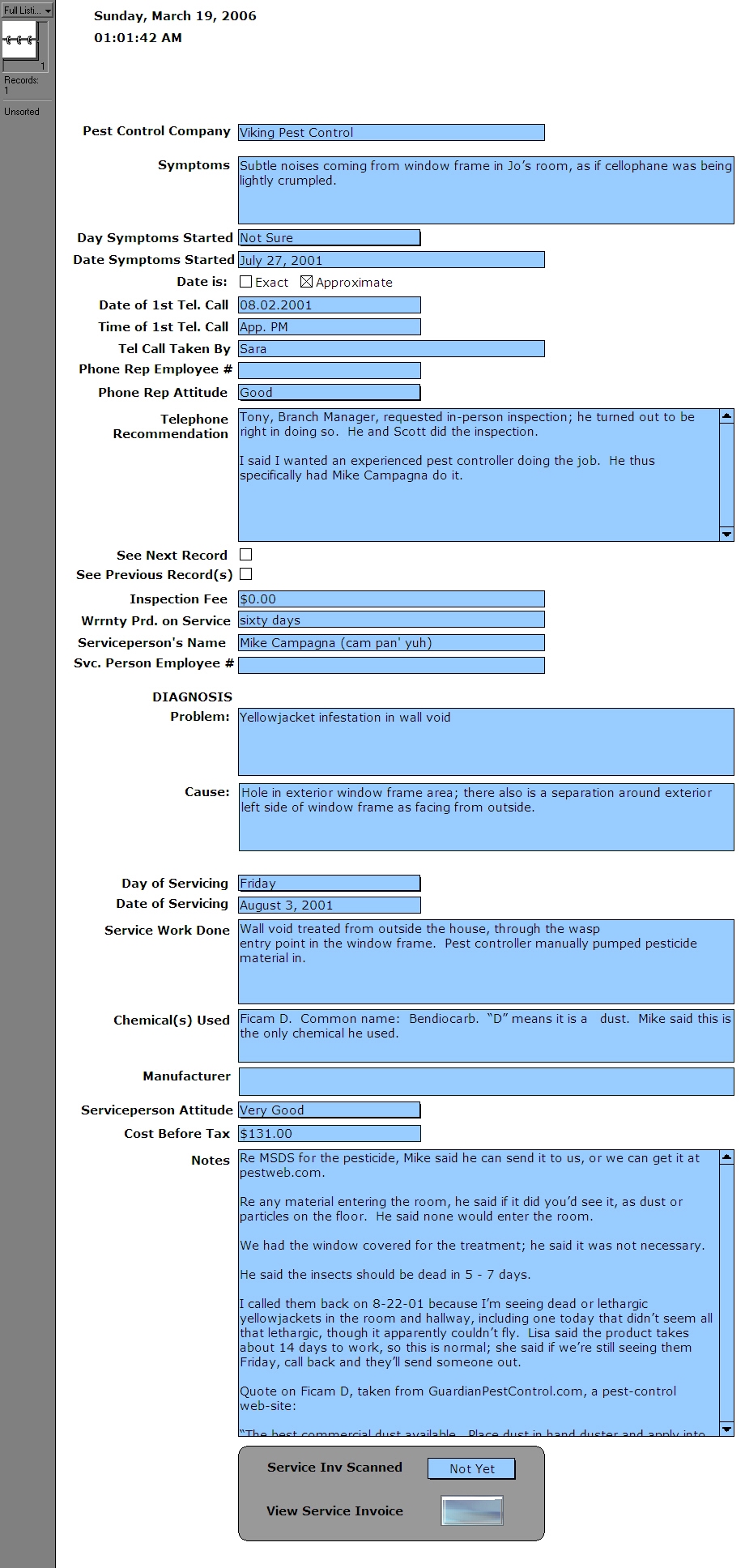 Screen capture of the database for home services I created.