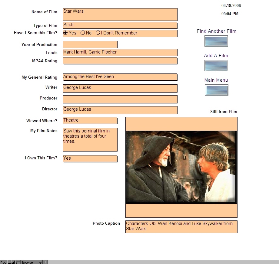 Screen capture of the Sci.File movie review database I created.