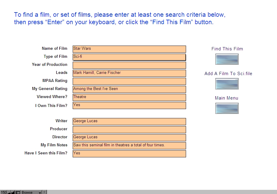 Screen capture of the Sci.File movie review database I created.