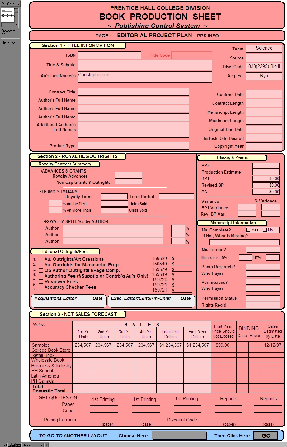 Screen capture of page one of the Simon & Schuster pink sheet.